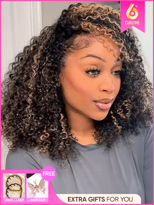 CurlyMe 3 IN 1 Highlight Brown Kinky Curly Half Wig Draw-strings Flip Over Wig