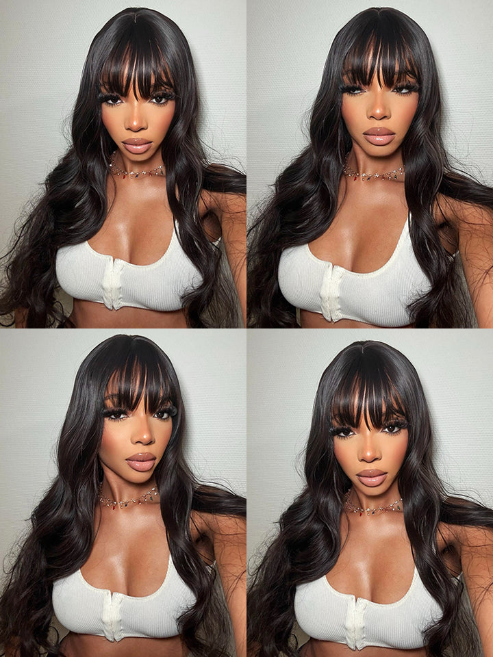 CurlyMe Body Wave Non Lace Wigs Full Machine Made Wigs With Bangs Virgin Hair