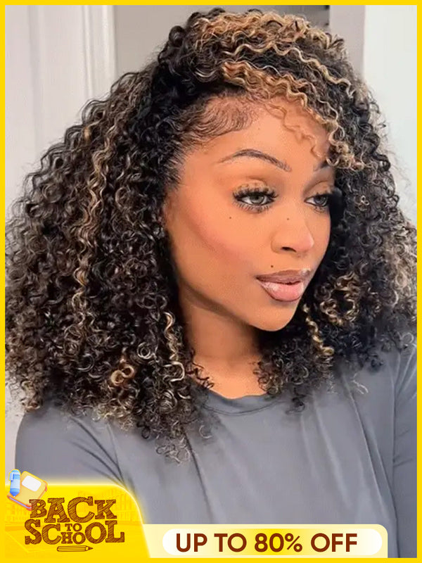 CurlyMe 3 IN 1 Highlight Brown Kinky Curly Half Wig Draw-strings Flip Over Wig