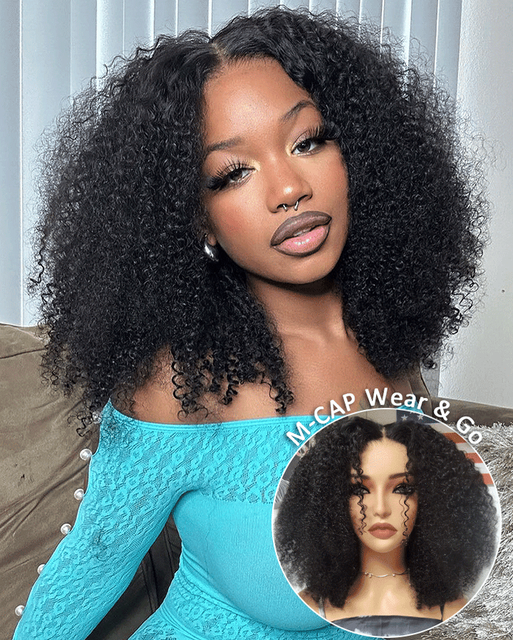 CurlyMe Pre-cut 9x6 Lace M-cap Wear Go Glueless Mini Knots Kinky Curly Hair HD Lace Front Wig Pre-plucked