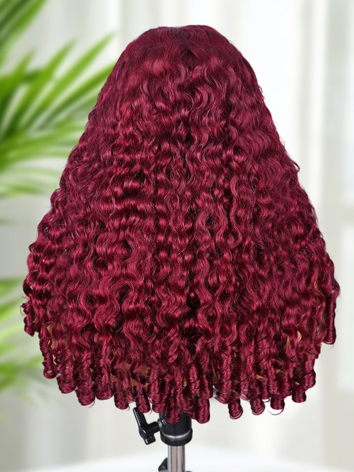 CurlyMe 99J Burgundy Color Burmese Curly Glueless Wig Pre Cut 9x6 Lace Snug Fit Wear Go Glueless Wig
