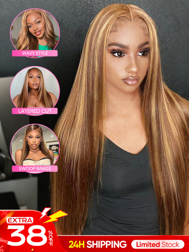 [Clearance Sale]CurlyMe Highlights Ombre 7x5 Swiss Lace Wear Go Straight Glueless Wigs Pre Cut Lace Wig