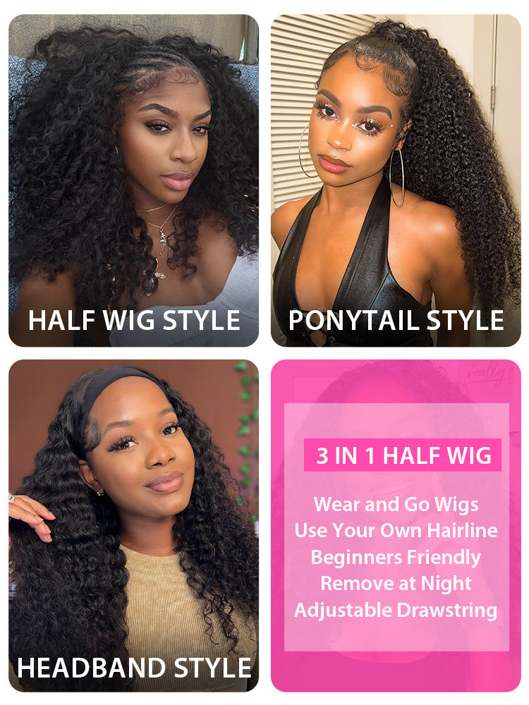 Drawstring Installation Kinky Straight Glueless Install 3 IN 1 Half Wig With Adjustable ...