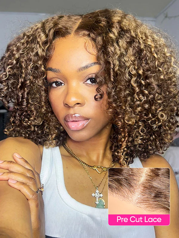 CurlyMe Highlights Ombre Kinky Curly Glueless Bob Wig Wear Go 7x5 Pre Cut HD Lace Wig