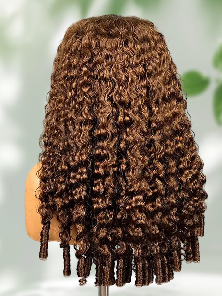 CurlyMe 9x6 Lace Mocha Mousse Color Burmese Curly Wear Go Glueless Wig With Elastic Draw-string