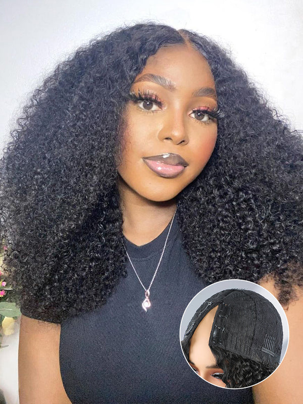 CurlyMe Afro Kinky Curly V Part Wig Human Hair Glueless Wig Pre-plucked