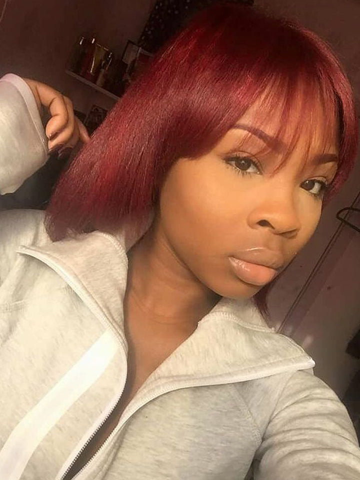 CurlyMe Straight Hair Bob Wigs With Bangs 99J Burgundy Color Wigs With Bangs No Lace No Glue