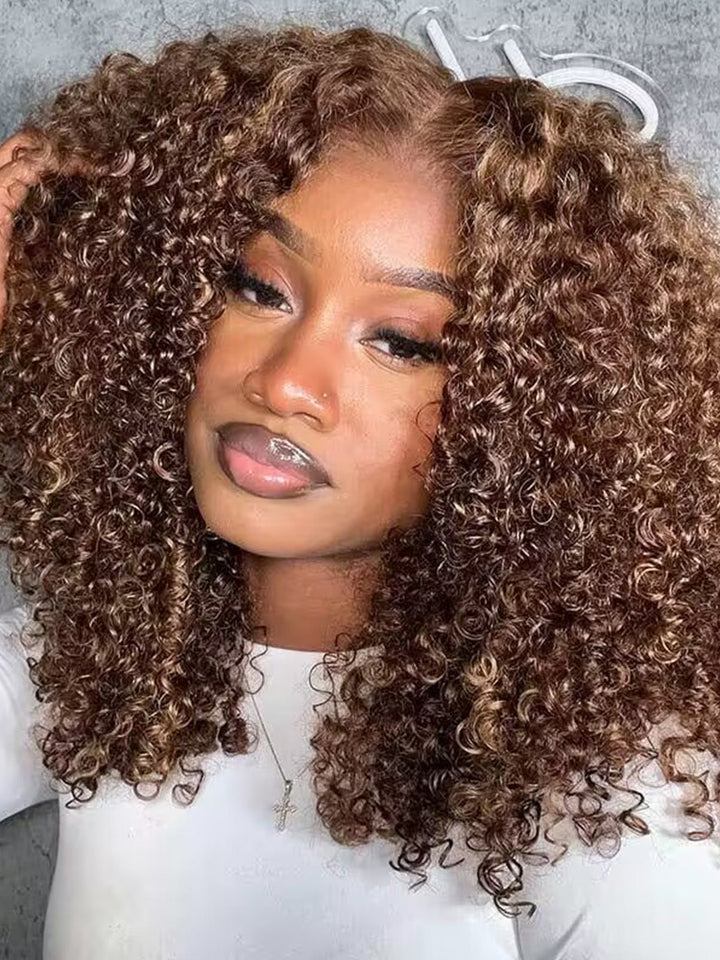 CurlyMe Highlights #4/27 Color Pre-cut HD Lace Kinky Curly Glueless Bob Wig