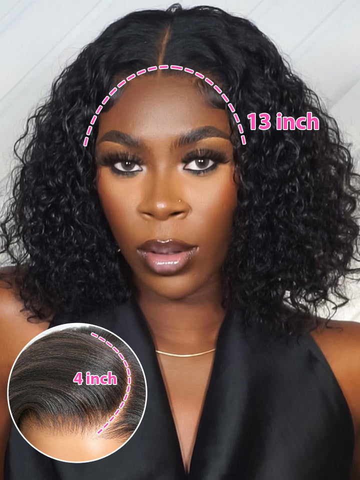 CurlyMe Short Cut Water Wave Hair 13x4 Transparent Lace Bob Wig Pre Plucked