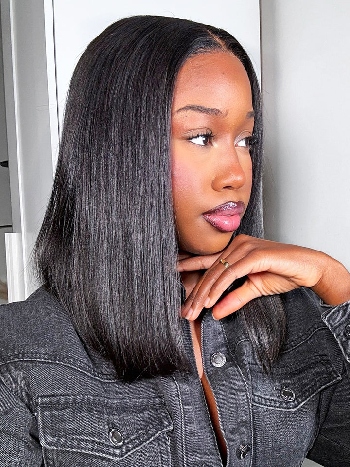 CurlyMe Pre Bleached Straight Glueless Bob Wig Pre Cut 7x5 HD Lace Wear Go Wig