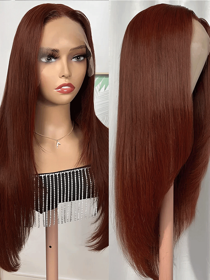 CurlyMe Reddish Brown Color Straight Hair 13x4 Lace Front Wigs Pre Plucked