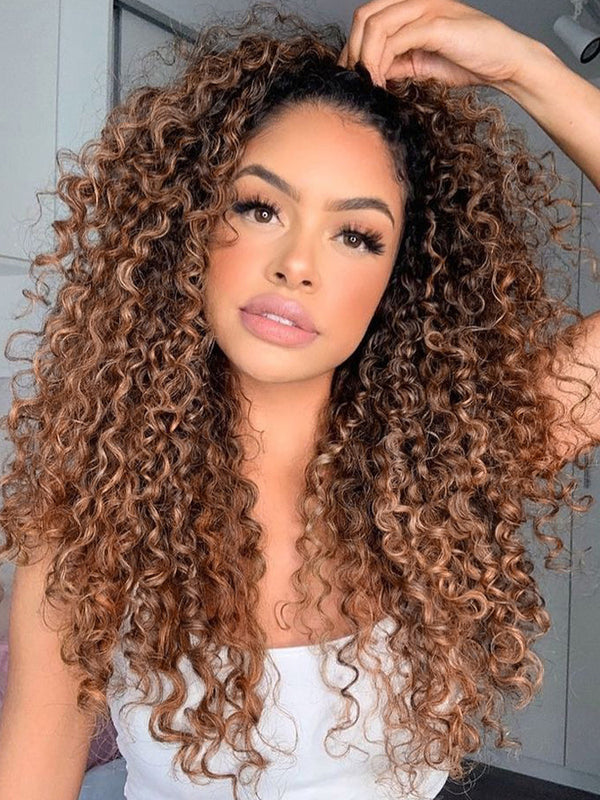 CurlyMe 3 IN 1 Blonde Water Wave Half Wig with Black Roots-Glueless & Beginner Friendly