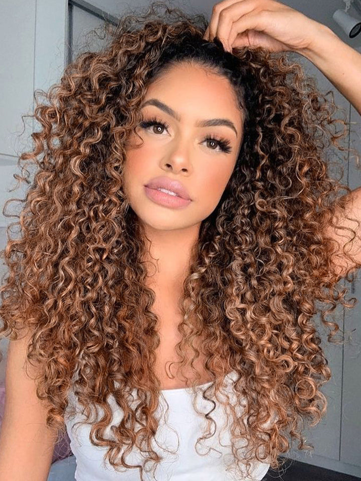 CurlyMe 3 IN 1 Blonde Water Wave Half Wig with Black Roots-Glueless & Beginner Friendly
