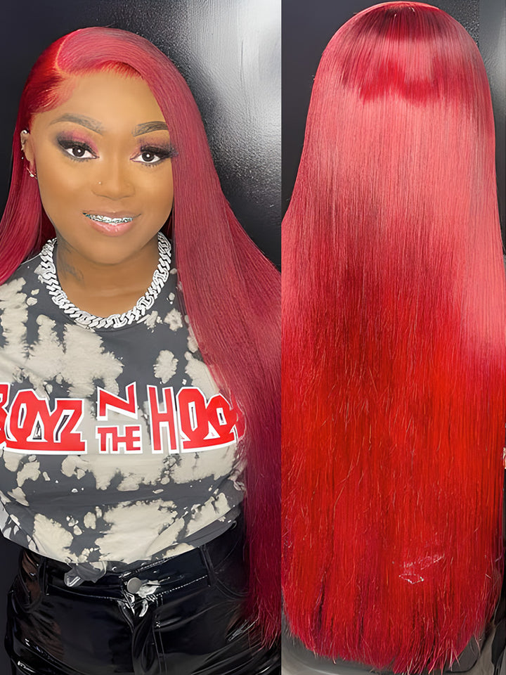 CurlyMe Bright Red Colored Straight Hair Lace Front Wigs Pre Plucked Hairline | CurlyMe Hair