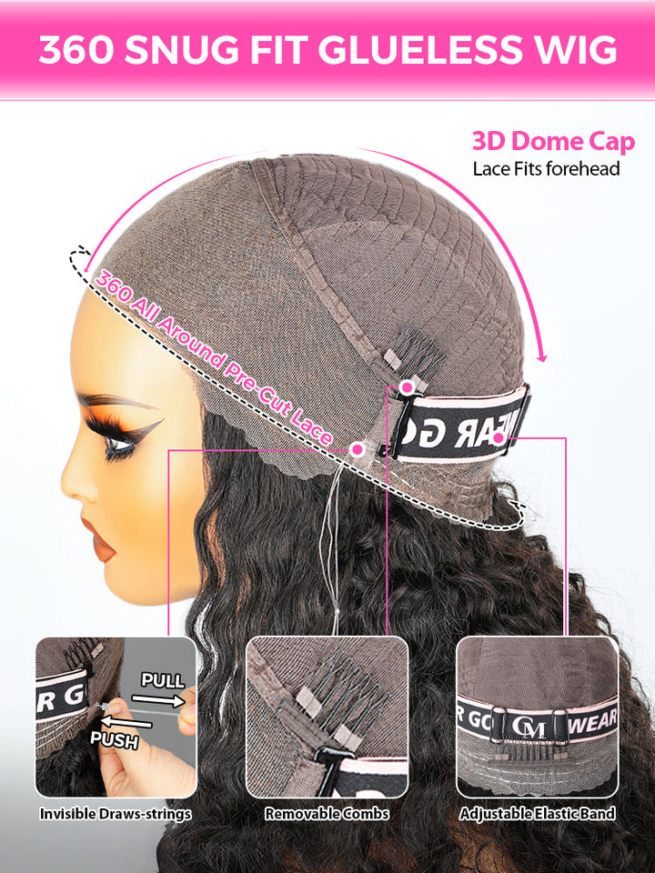 CurlyMe 360 Fit Wig Pre-Bleached Kinky Straight Human Hair Pre-Cut 360 Lace Wear Go Glueless Wig Pre-Plucked