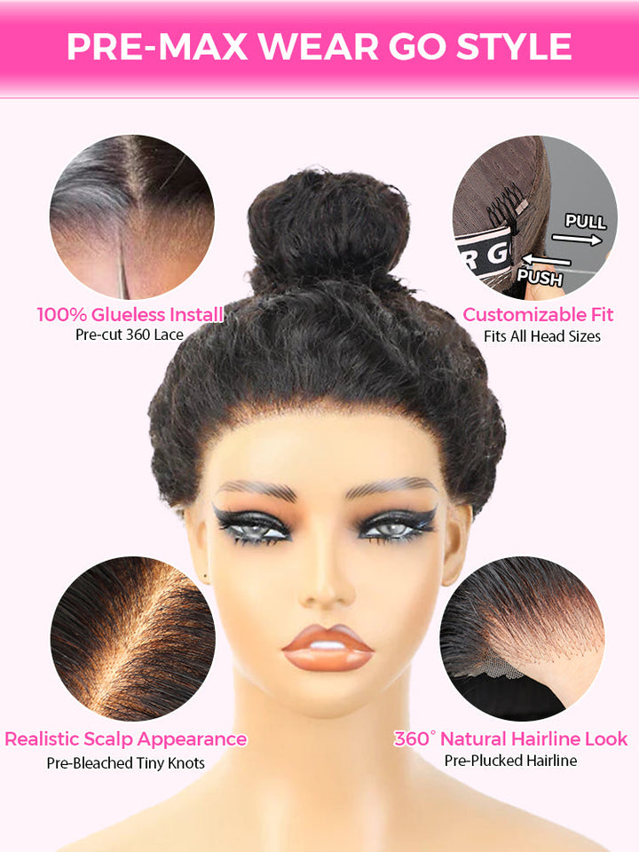 CurlyMe 360 Fit Wig Pre-Bleached Kinky Straight Human Hair Pre-Cut 360 Lace Wear Go Glueless Wig Pre-Plucked