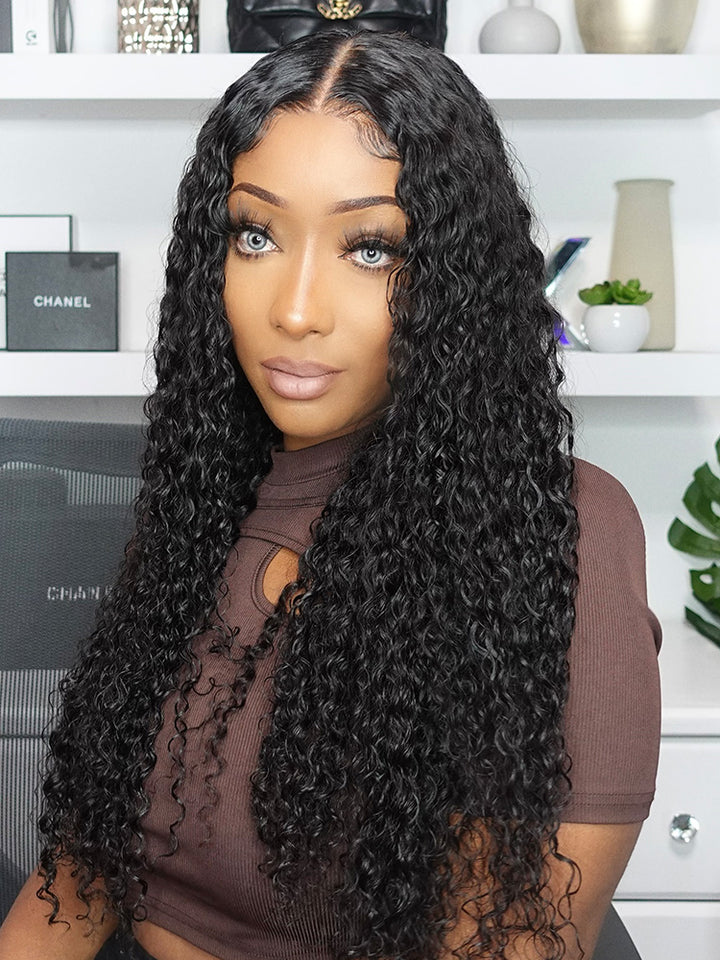 CurlyMe Deep Wave Hair 4x4 Lace Closure Wig Pre Plucked Swiss Lace Curly Hair