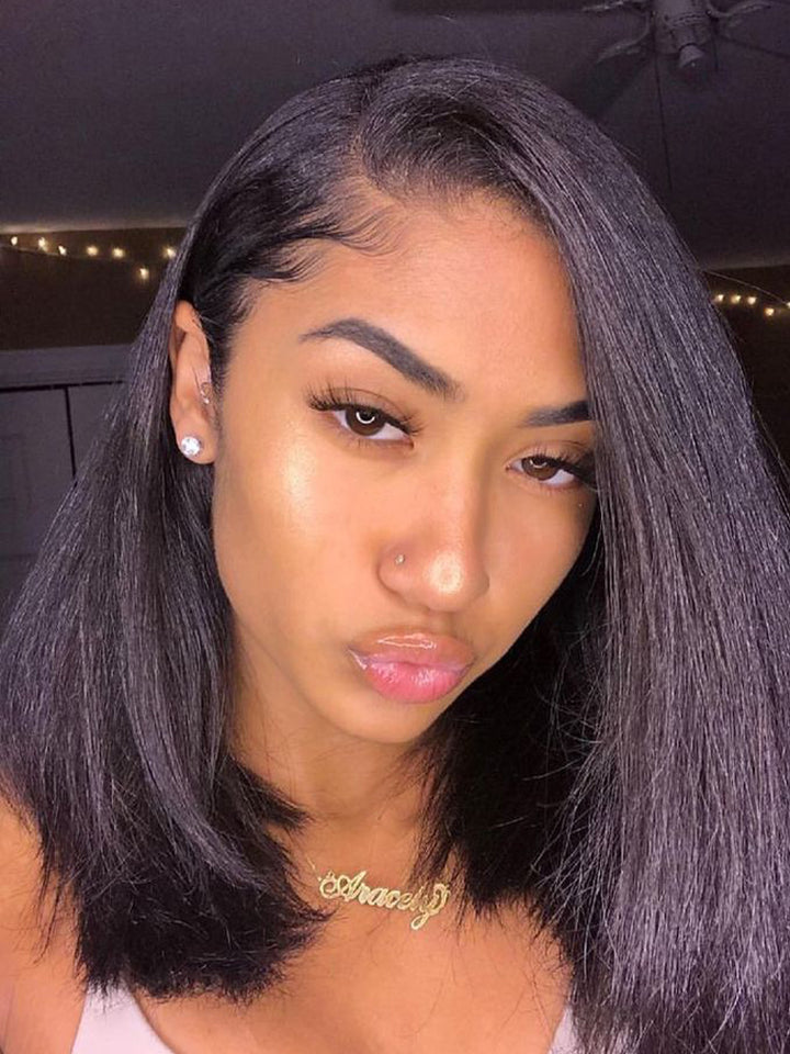 CurlyMe Pre-bleached Kinky Straight Glueless Bob Wig Pre-cut HD Lace Wear Go Pre-plucked Wig