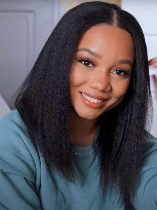 CurlyMe Pre-bleached Kinky Straight Glueless Bob Wig Pre-cut HD Lace Wear Go Pre-plucked Wig