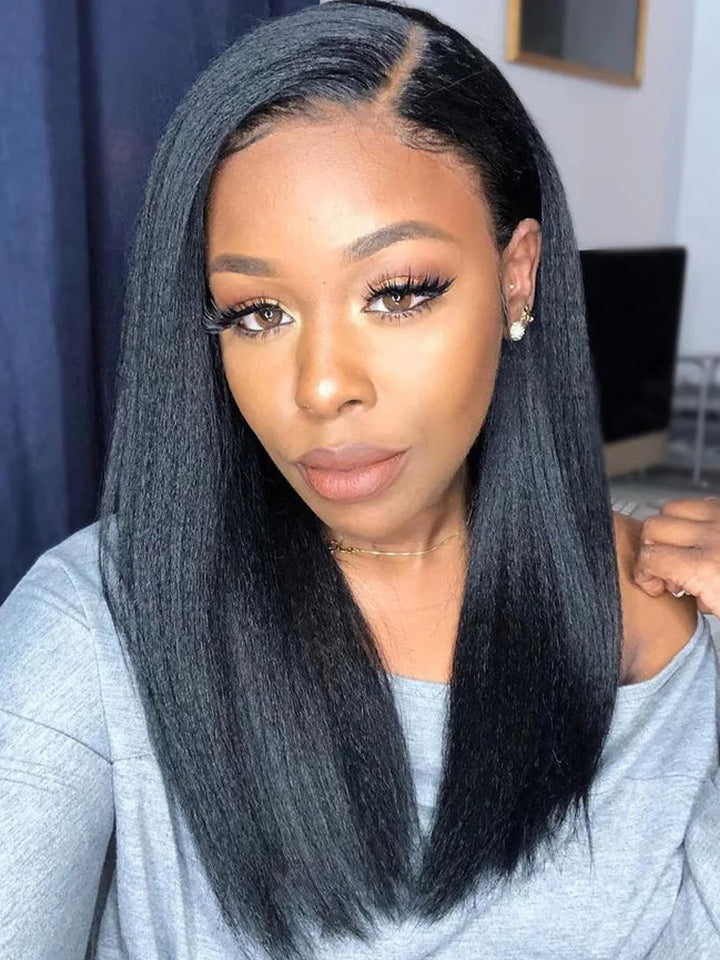 CurlyMe Pre-bleached Kinky Straight Glueless Bob Wig Pre-cut HD Lace Wear Go Pre-plucked Wig