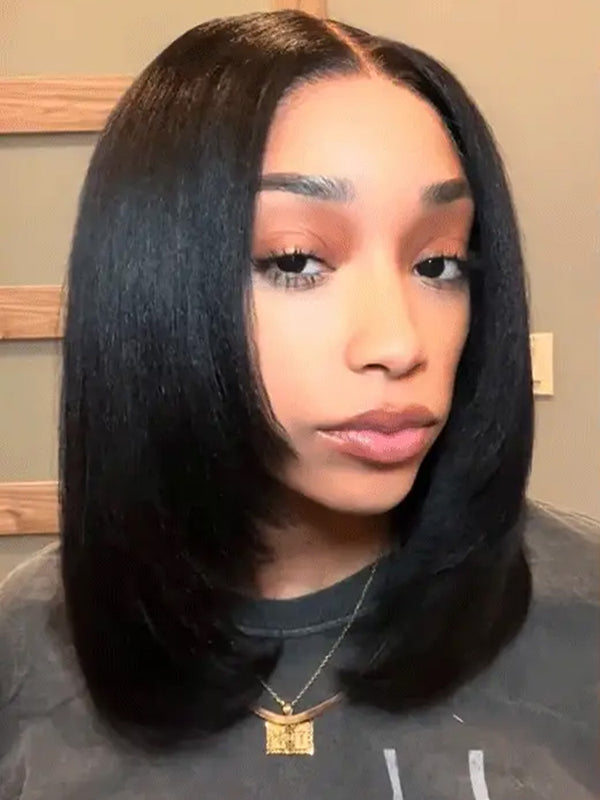 CurlyMe Pre-cut 9x6 Tpart  Wear Go Layered Cut Bob Yaki Straight Wig Natural Black Deep Part Lace Glueless Wig
