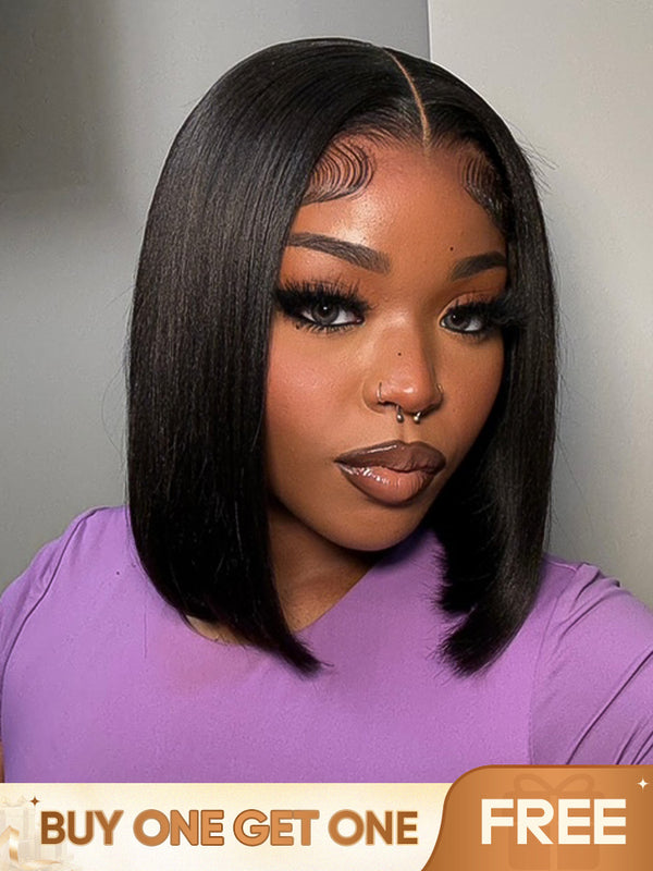 CurlyMe Pre-bleached Yaki Straight Glueless Bob Wig Pre-cut Lace Wear Go Pre-plucked Wig