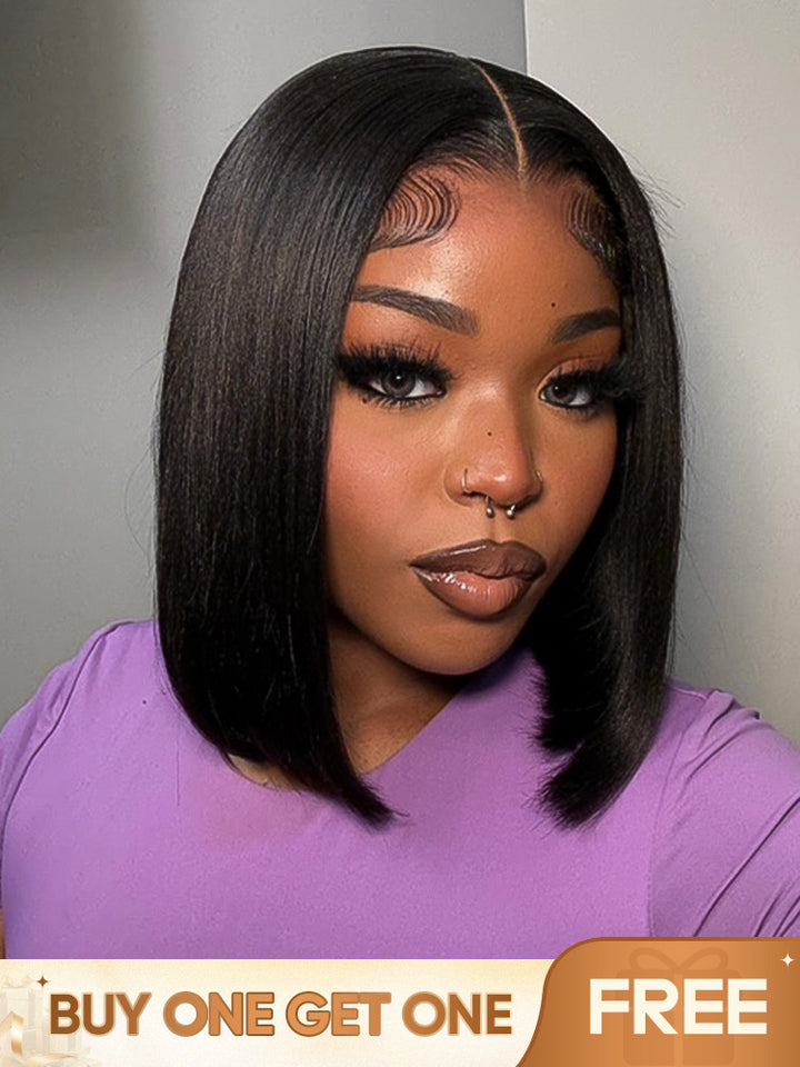 CurlyMe Pre-bleached Yaki Straight Glueless Bob Wig Pre-cut Lace Wear Go Pre-plucked Wig
