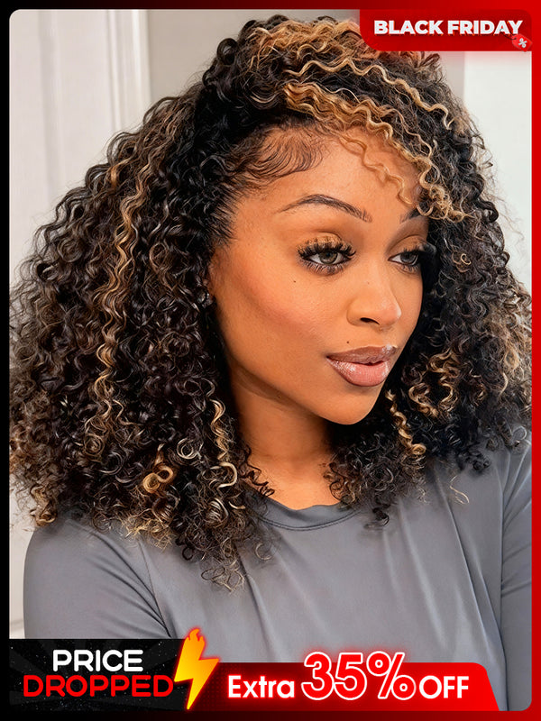 CurlyMe 3 IN 1 Highlight Brown Kinky Curly Half Wig Draw-strings Flip Over Wig