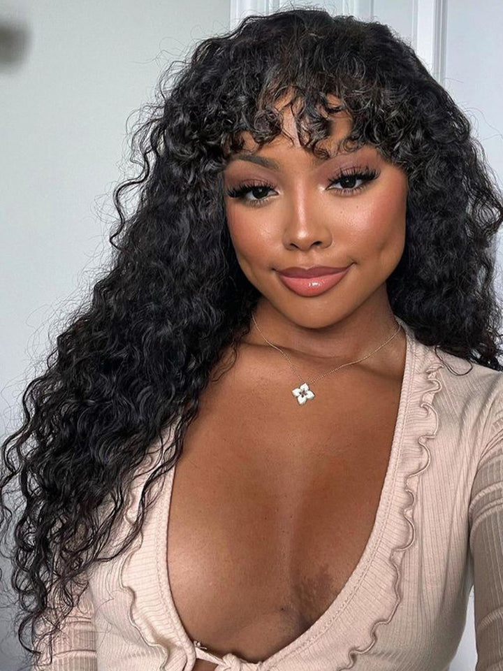 CurlyMe Water Wave Hair Non Lace Wigs Full Machine Made Wigs With Bangs For Women