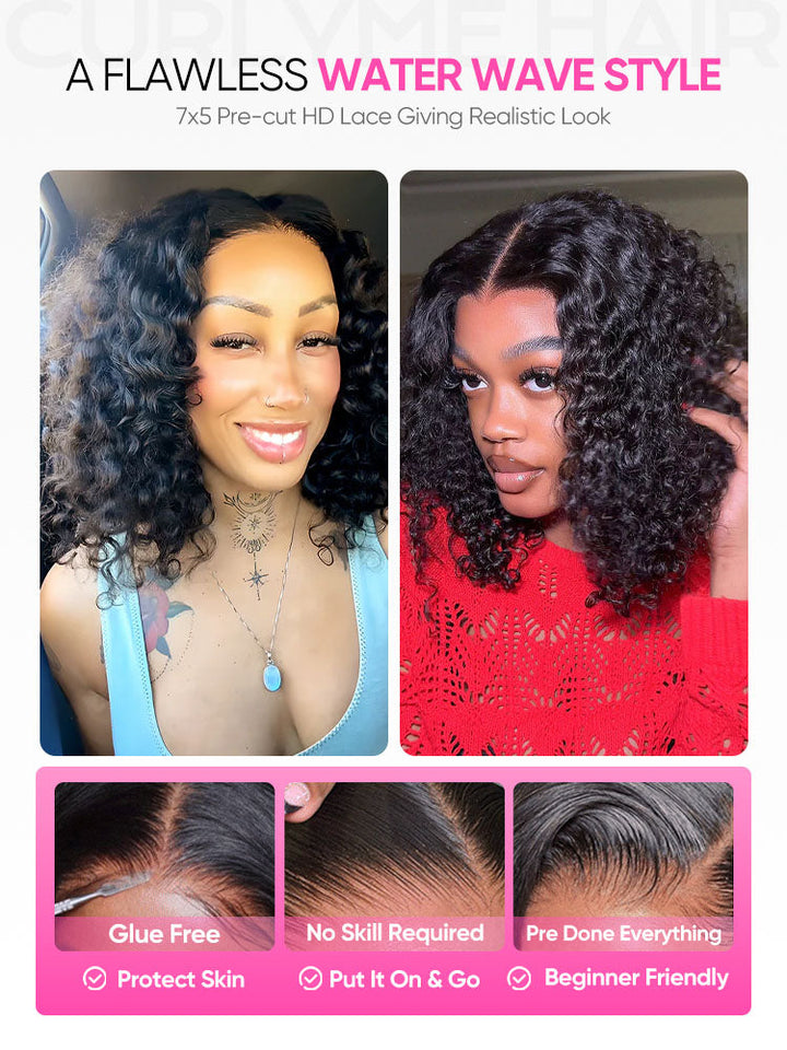 CurlyMe Water Wave Bob Glueless Wig Wear Go 7x5 HD Lace Pre Cut Lace Wig