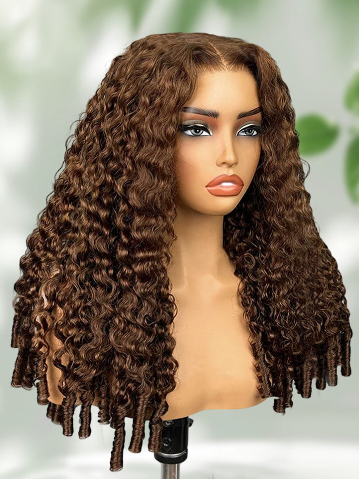 CurlyMe 9x6 Lace Mocha Mousse Color Burmese Curly Wear Go Glueless Wig With Elastic Draw-string