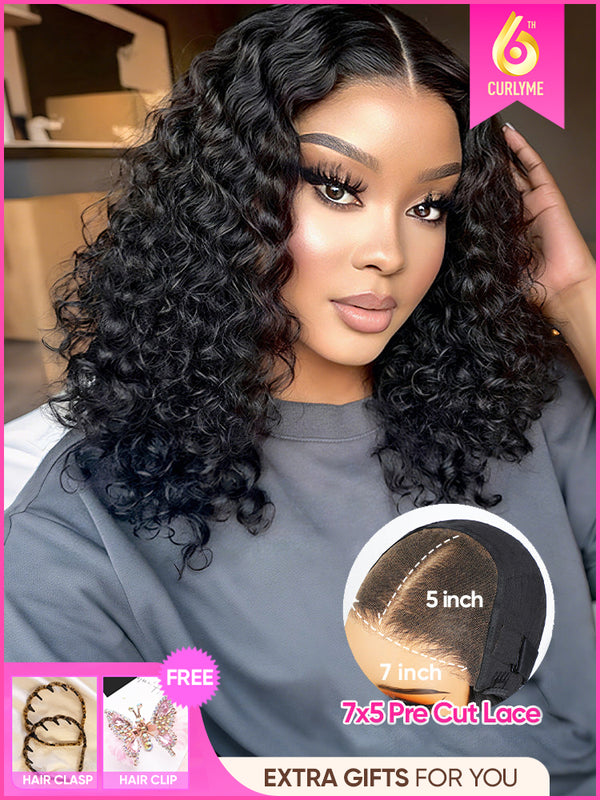 CurlyMe Water Wave Bob Glueless Wig Wear Go 7x5 HD Lace Pre Cut Lace Wig