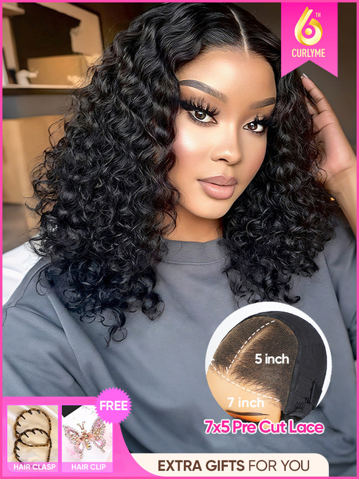 CurlyMe Water Wave Bob Glueless Wig Wear Go 7x5 HD Lace Pre Cut Lace Wig