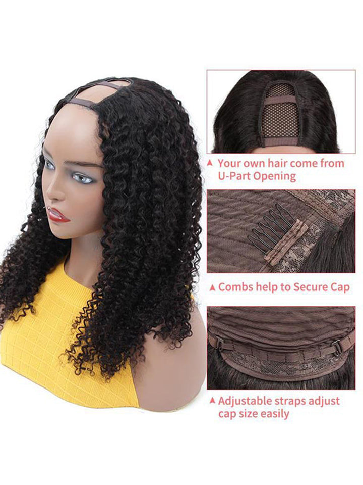 CurlyMe Kinky Curly U part Wig Affordable 180% Density Full Human Hair Wigs Glueless No Lace