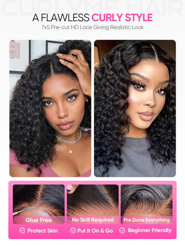 CurlyMe Kinky Curly Glueless Bob Wig Pre Cut 7x5 HD Lace Wear Go Wig