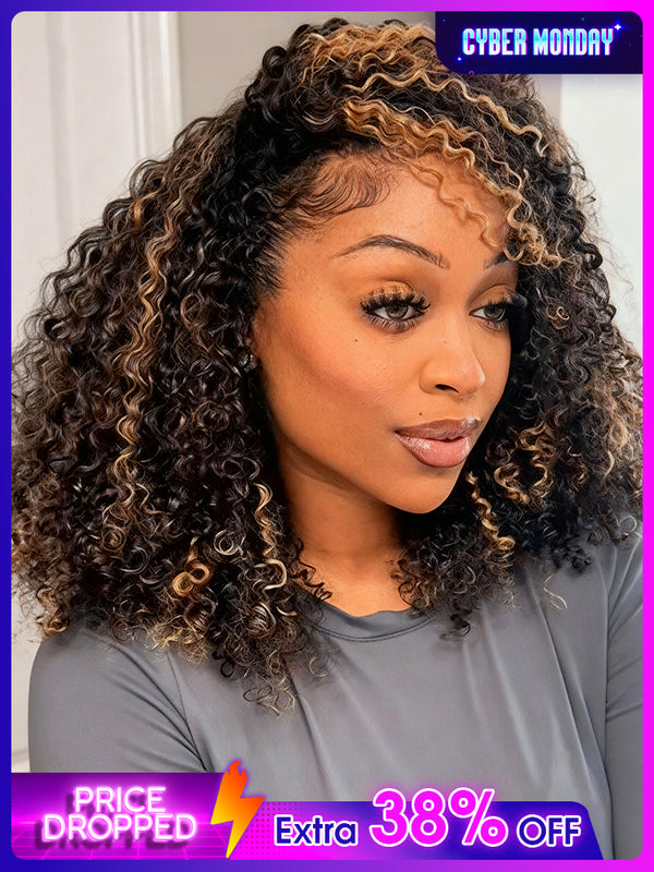 CurlyMe 3 IN 1 Highlight Brown Kinky Curly Half Wig Draw-strings Flip Over Wig