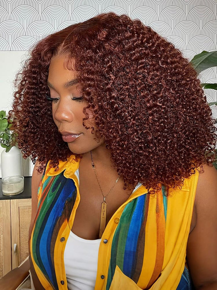 CurlyMe Pre-cut 9x6 Lace Reddish Brown Kinky Curly Wear Go Glueless Mini Knots Wig Pre-plucked