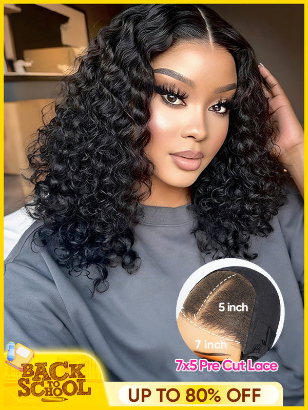 CurlyMe Water Wave Bob Glueless Wig Wear Go 7x5 HD Lace Pre Cut Lace Wig