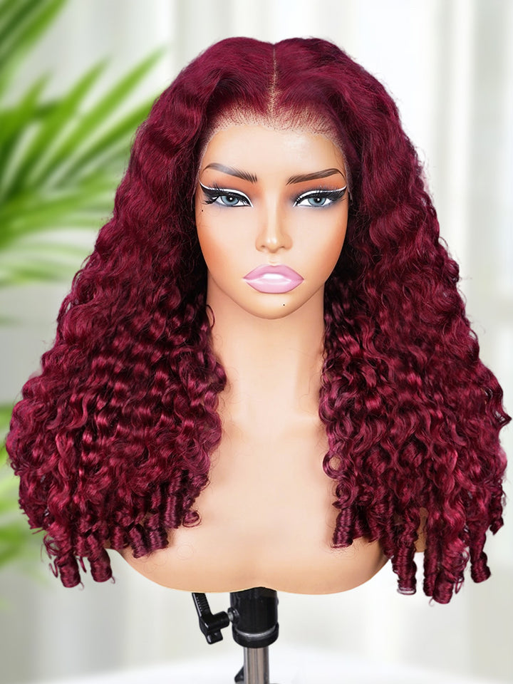 CurlyMe 99J Burgundy Color Burmese Curly Glueless Wig Pre Cut 9x6 Lace Snug Fit Wear Go Glueless Wig