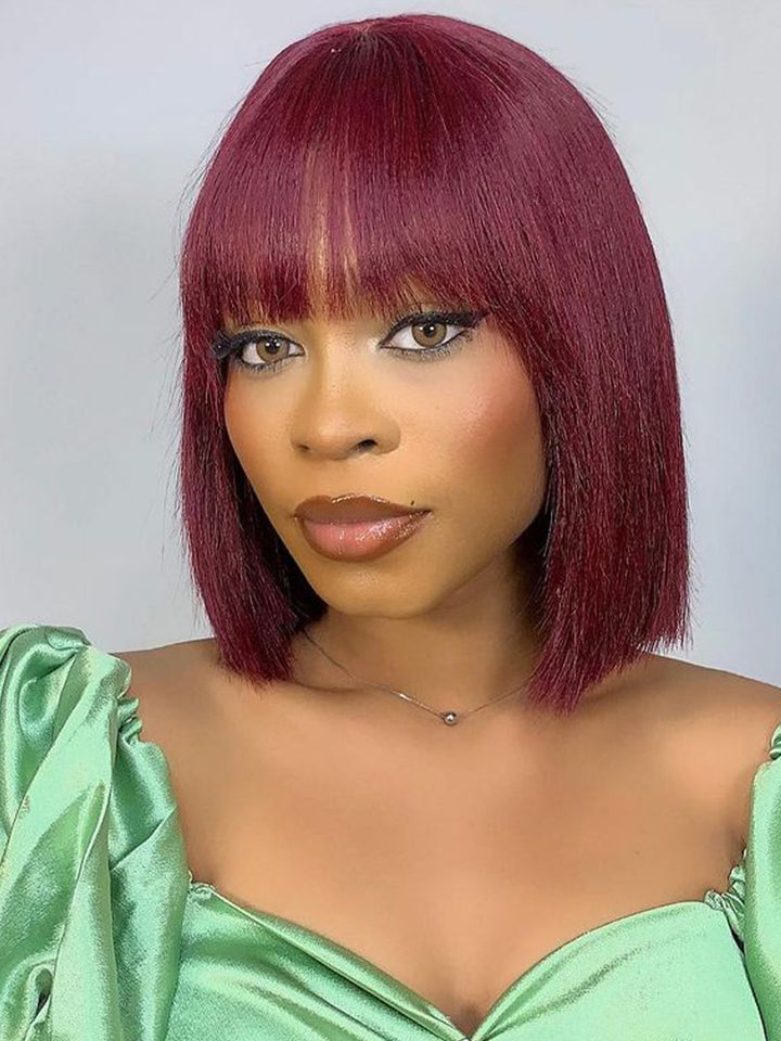 CurlyMe Straight Hair Bob Wigs With Bangs 99J Burgundy Color Wigs With Bangs No Lace No Glue