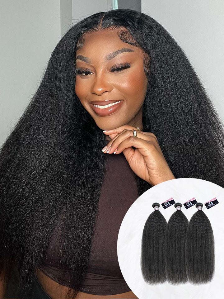 CurlyMe Kinky Straight Virgin Human Hair Bundles with a 13x4 Lace Frontal Natural Black