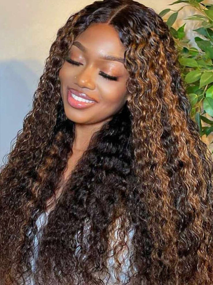 CurlyMe Wear Go Glueless Balayage Highlight Ombre Brown Water Wave Wig Pre-plucked