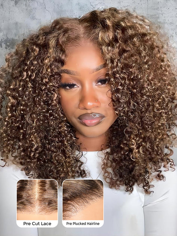 CurlyMe Highlights 4/27 Kinky Curly Bob Wear Go 6x4 Pre Cut HD Lace Wig