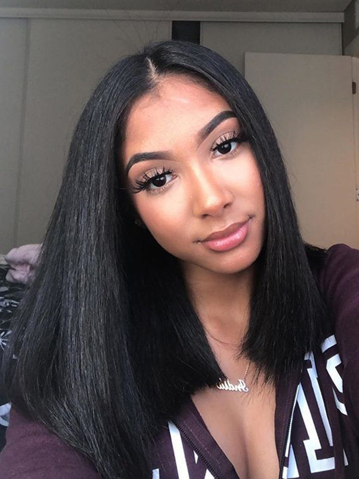 CurlyMe Pre-bleached Kinky Straight Glueless Bob Wig Pre-cut HD Lace Wear Go Pre-plucked Wig