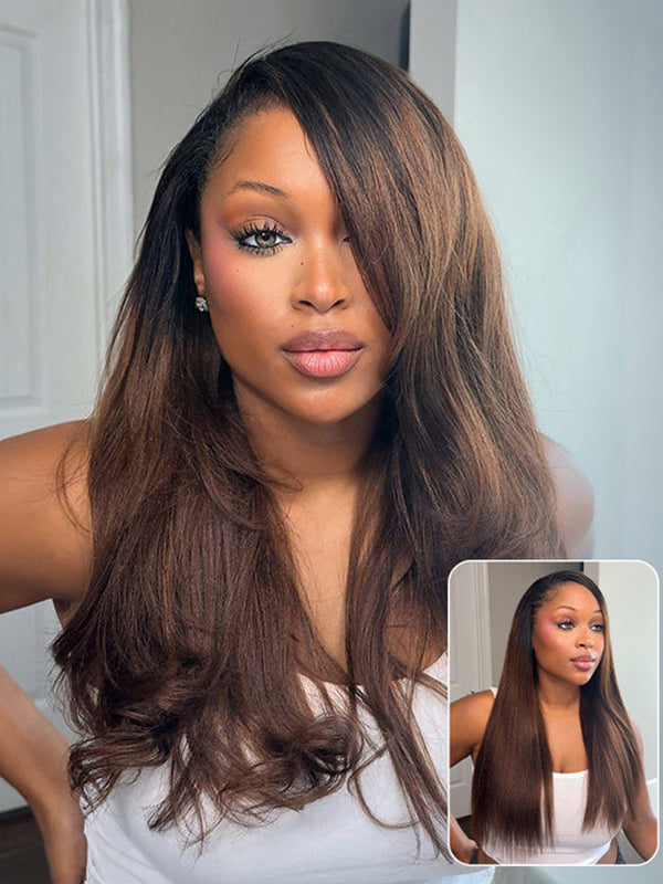CurlyMe 3 In 1 Half Wig Black to Chestnut Brown Ombre Yaki Straight Glueless Install Half Wig With Adjustable String Beginner Friendly