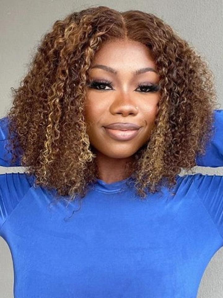 CurlyMe Highlights Ombre Kinky Curly Glueless Bob Wig Wear Go 7x5 Pre Cut HD Lace Wig