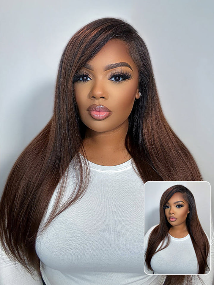 CurlyMe 3 In 1 Half Wig Black to Chestnut Brown Ombre Yaki Straight Glueless Install Half Wig With Adjustable String Beginner Friendly
