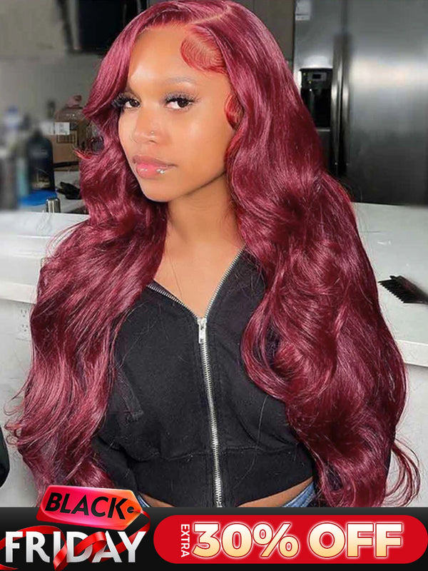 CurlyMe 99J Burgundy Color Body Wave Hair 13x4 Lace Front Wigs Pre Plucked Hairline