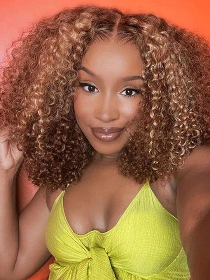 CurlyMe Highlights Ombre Human Hair Wigs Kinky Curly Transparent Lace Wigs Pre plucked