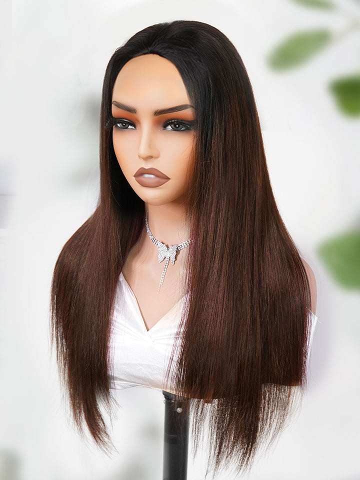 CurlyMe 3 In 1 Half Wig Black to Chestnut Brown Ombre Yaki Straight Glueless Install Half Wig With Adjustable String Beginner Friendly